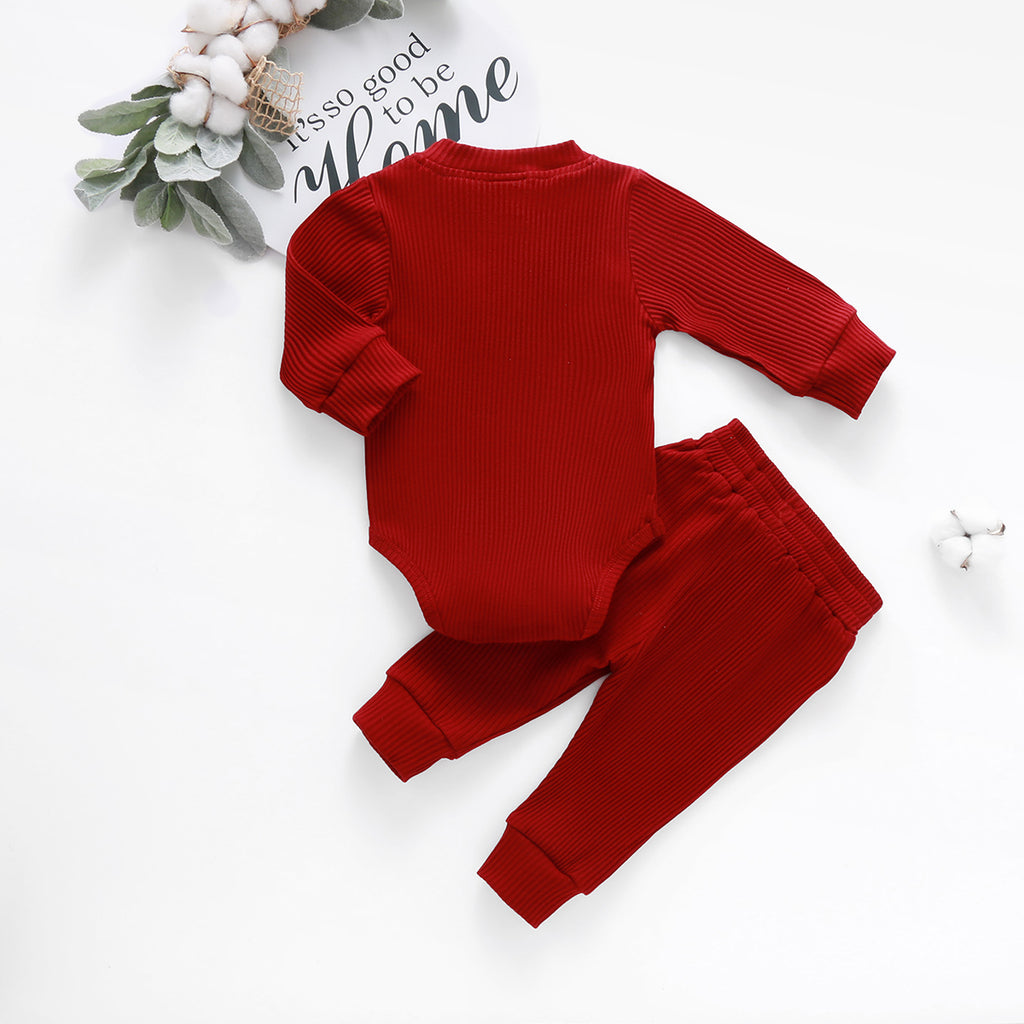 Infant Baby Knit Outfits Suits Buttons O-neck Ribbed solid clothes Long Sleeve Bodysuits Romper Top + Elastic Long Pant