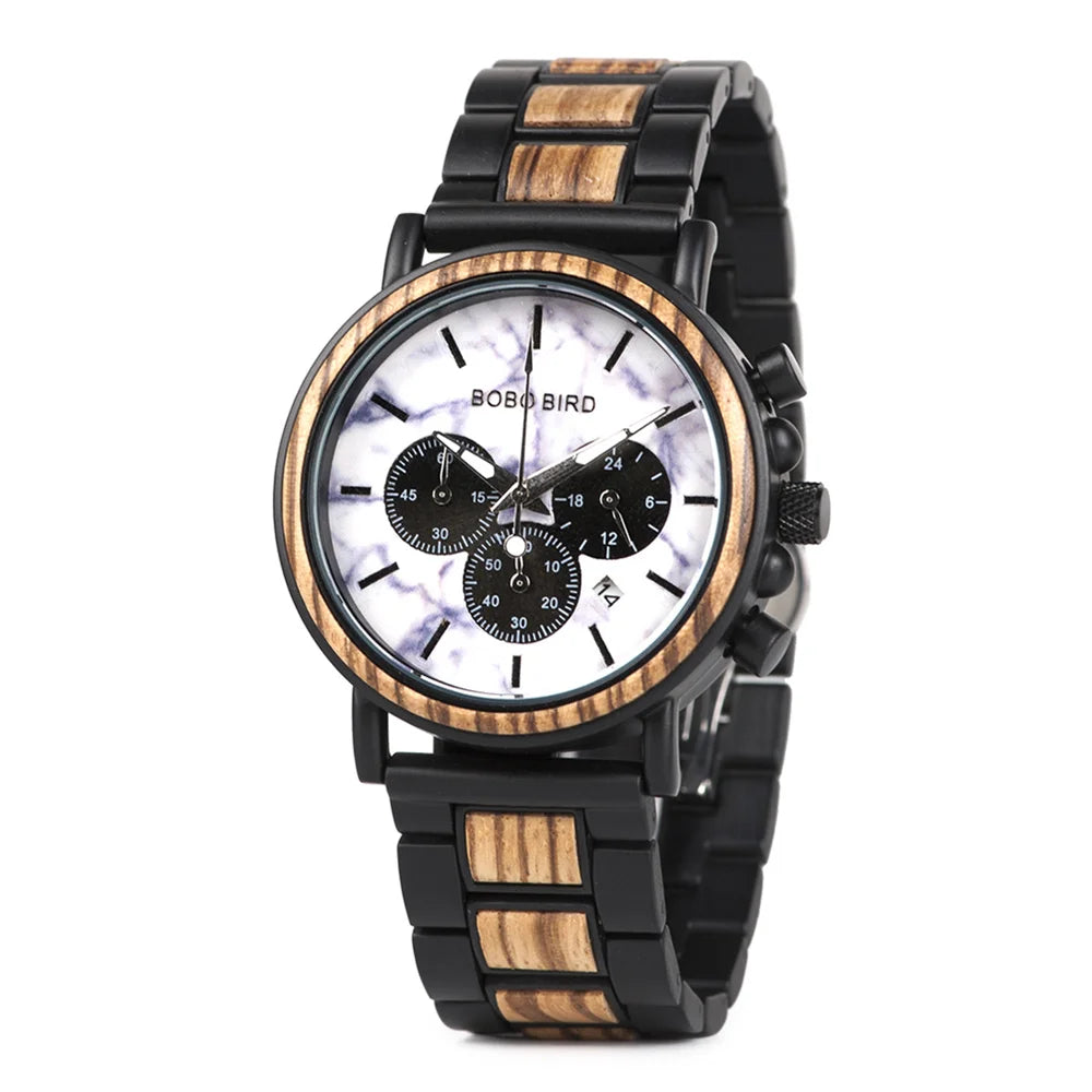BOBO BIRD Wood Men Watch Relogio Masculino Top Brand Luxury Stylish Chronograph Military Watches Timepieces in Wooden Gift Box