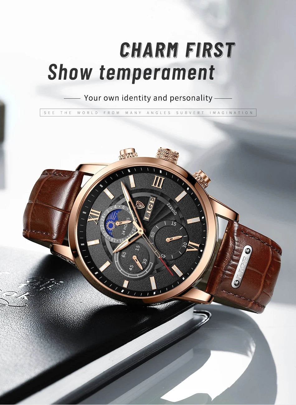 2025 New Mens Watches LIGE Top Brand Luxury Leather Casual Quartz Watch Men's Sport Waterproof Clock Watch Relogio Masculino+Box