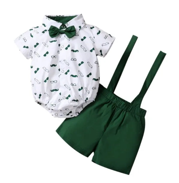 Baby Boys Clothes Set, Beard Print Short Sleeve Lapel Neck Shirt+Solid Color Suspender Shorts