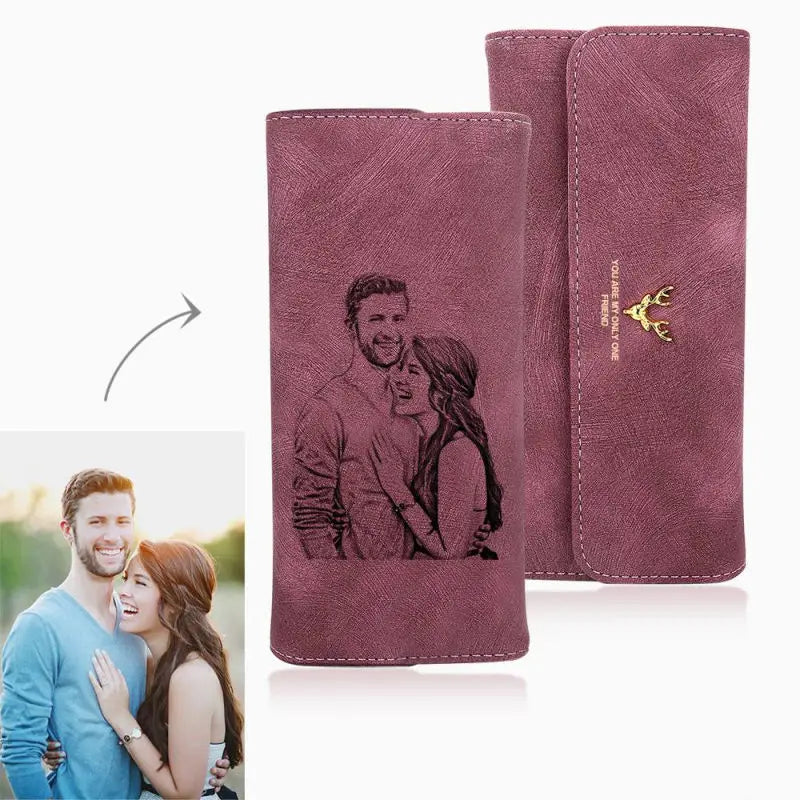 Women's Photo Engraved Trifold Photo Wallet Women's Wallet Long Scrub Retro Multi-function Clasp Clutch Cover High Capacity