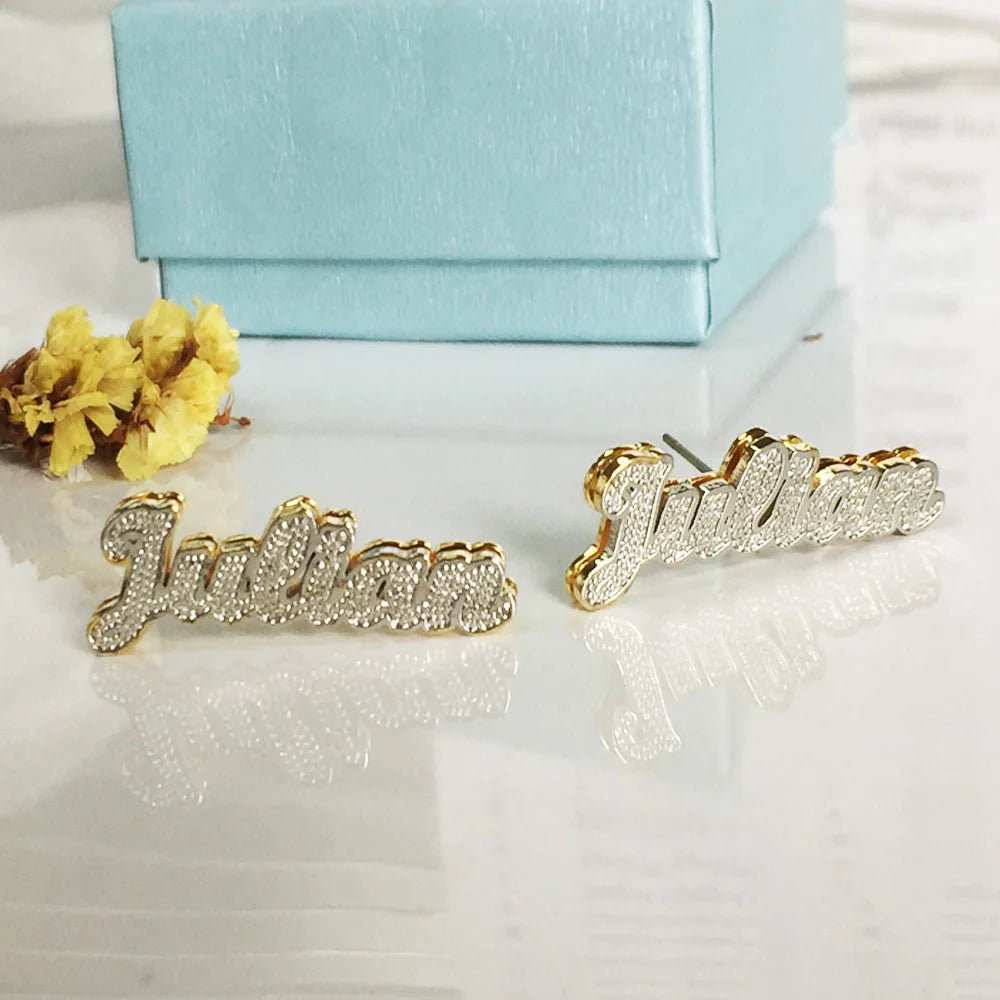 Double Layer Nameplate Earrings Personalized Custom Name Two-Color Ear Studs For Women Letter Name Earrings