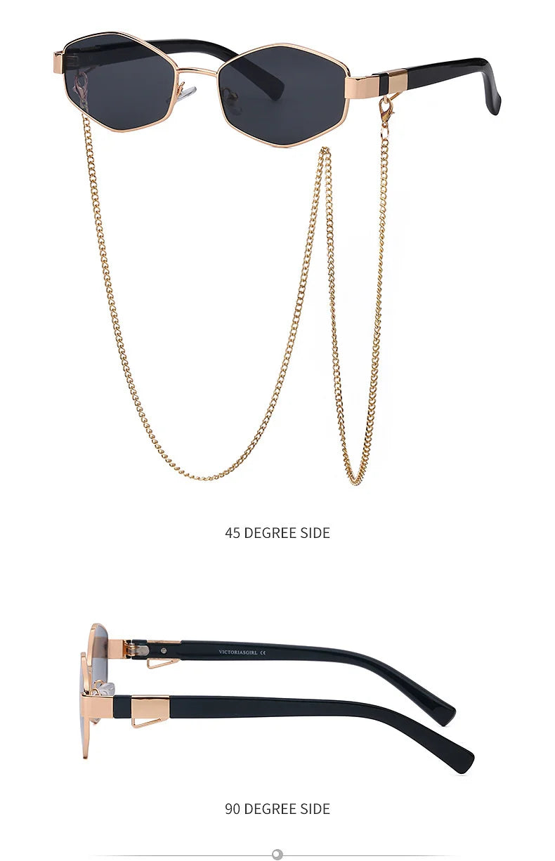 Sexy Small Frame Hexagon Sunglasses Women With Chain 2025 Luxury Brand Designer Punk Sun Glasses For Ladies Shades Gafas De Sol