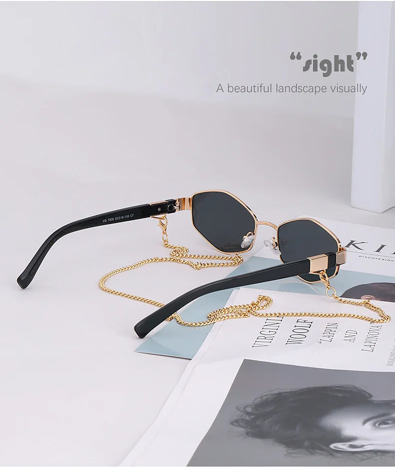 Sexy Small Frame Hexagon Sunglasses Women With Chain 2025 Luxury Brand Designer Punk Sun Glasses For Ladies Shades Gafas De Sol