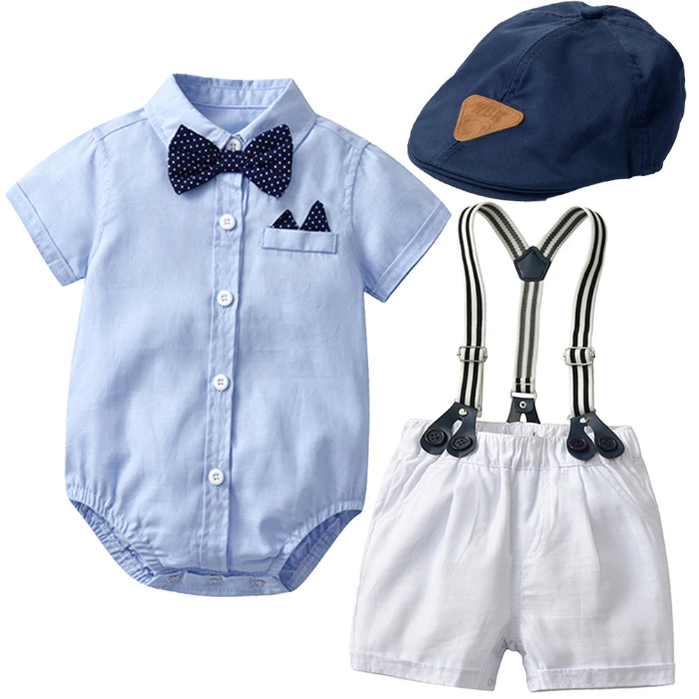 Newborn Baby Boy Clothes Suit with Hat Short Sleeves Boys Romper Outfits Cotton Set Printed Infant Kids Summer Clothing