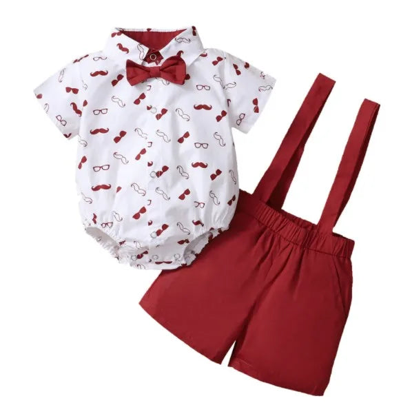 Baby Boys Clothes Set, Beard Print Short Sleeve Lapel Neck Shirt+Solid Color Suspender Shorts