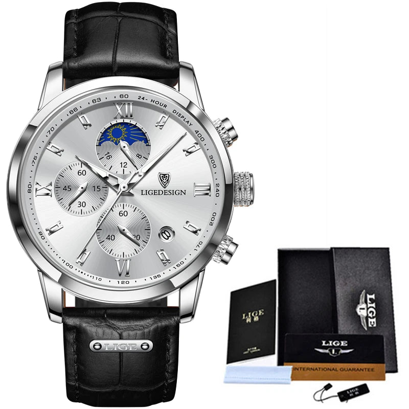 LIGE Mens Watches Top Brand Luxury Fashion Leather Waterproof Watch For Men Military Sport Quartz Chronograph Relogio Masculino