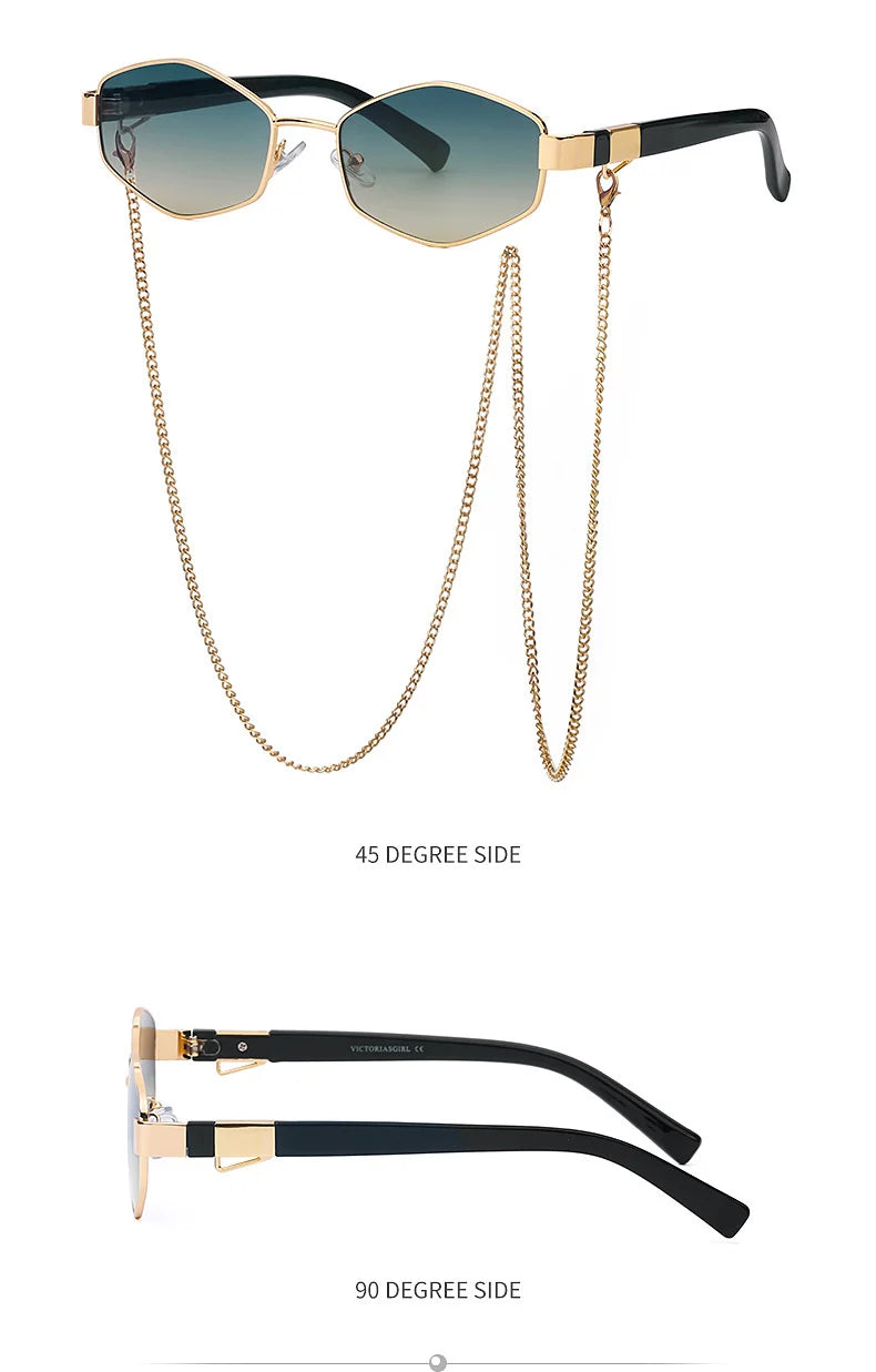 Sexy Small Frame Hexagon Sunglasses Women With Chain 2025 Luxury Brand Designer Punk Sun Glasses For Ladies Shades Gafas De Sol