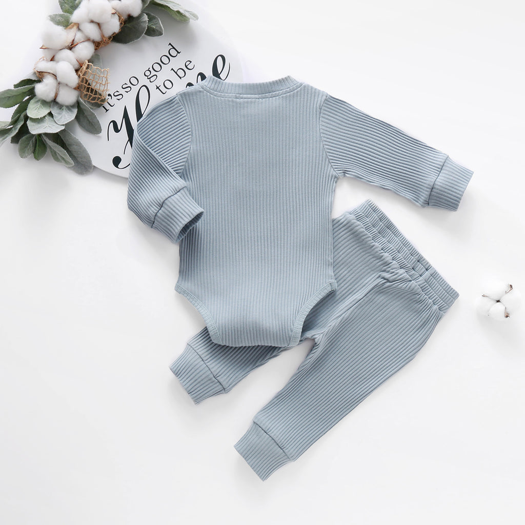 Infant Baby Knit Outfits Suits Buttons O-neck Ribbed solid clothes Long Sleeve Bodysuits Romper Top + Elastic Long Pant
