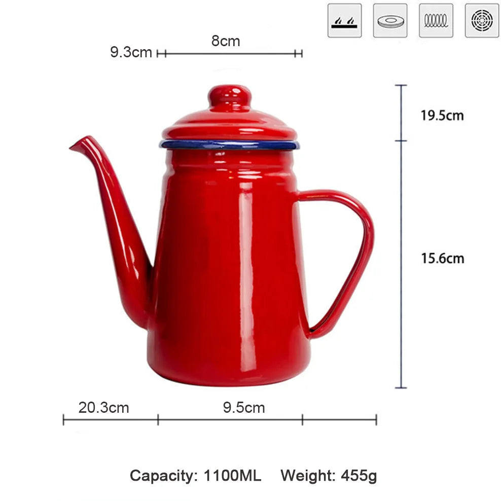 1.1L, Enamel hand brewing coffee pot,  Japanese style large capacity cold kettle, Narrow mouth oil can for kitchen, Coffee tool