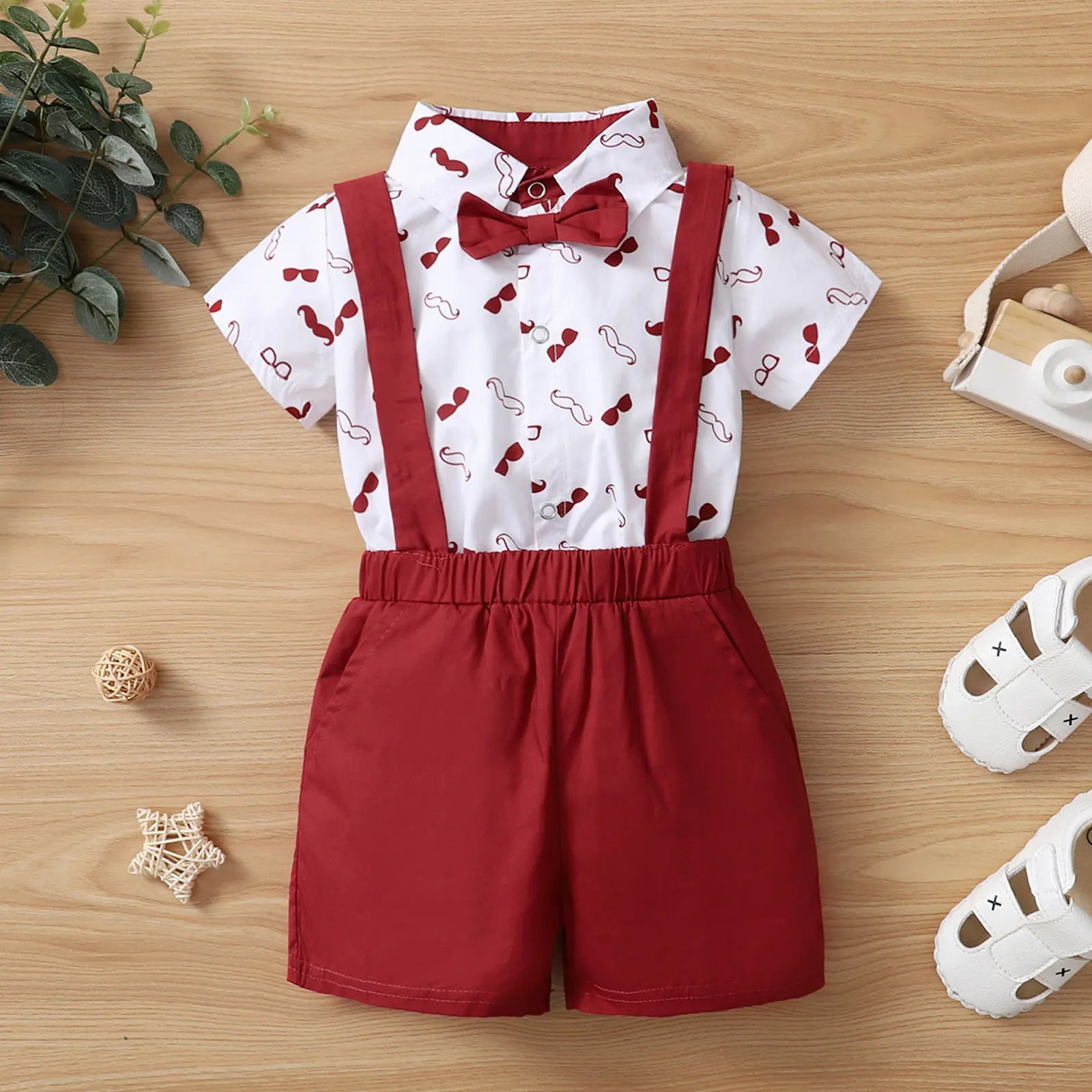 Baby Boys Clothes Set, Beard Print Short Sleeve Lapel Neck Shirt+Solid Color Suspender Shorts