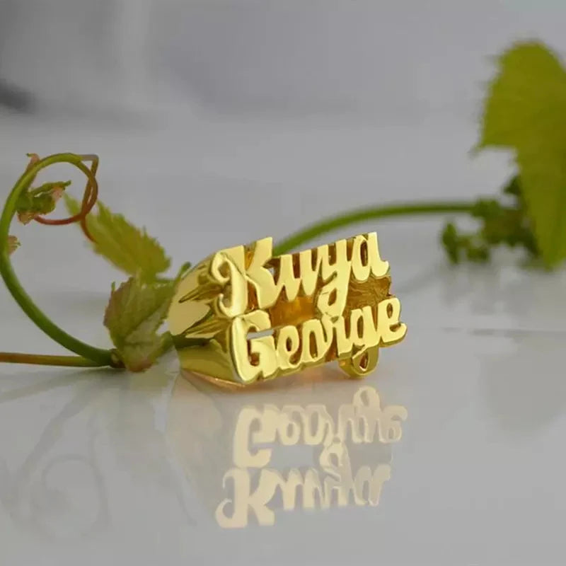 Personalized Ring Name Rings Personalized Letter Gold-Plated Personalized Carved Double Finger Name Ring