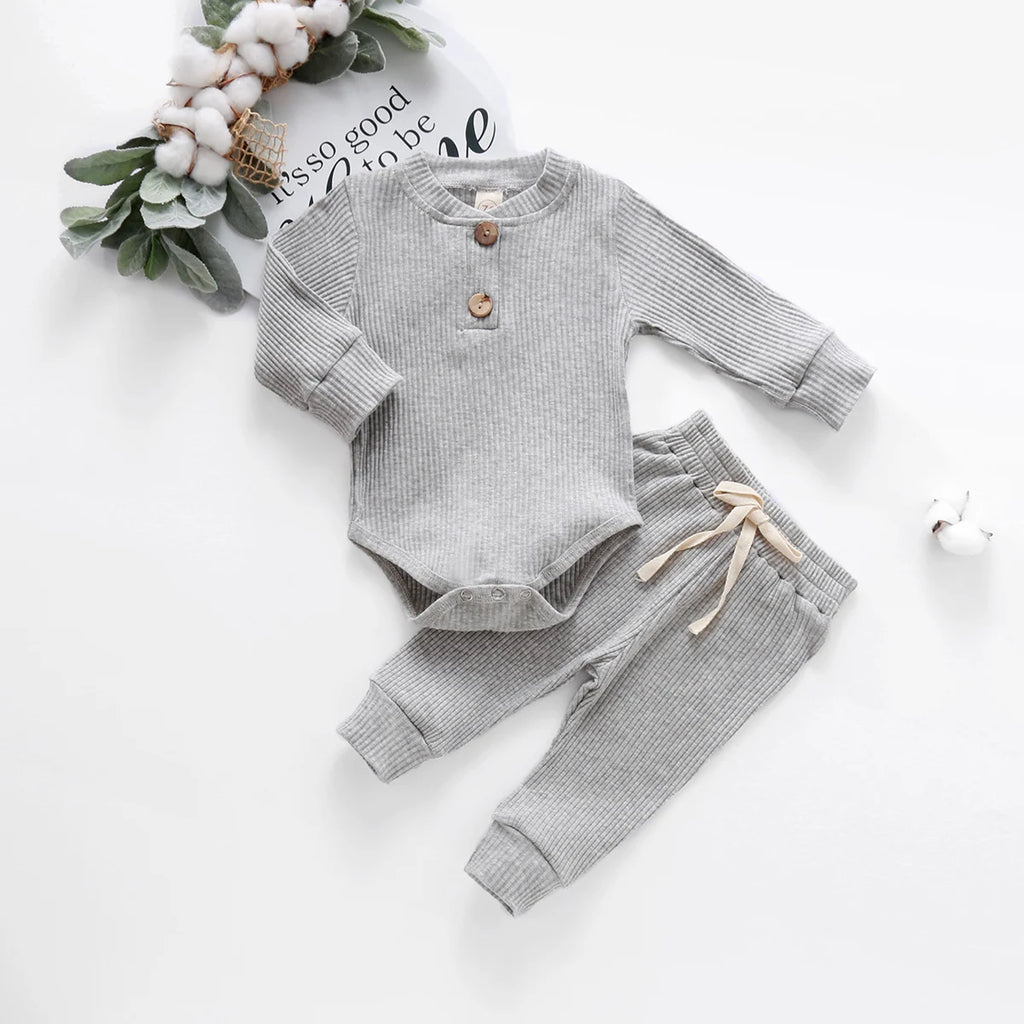 Infant Baby Knit Outfits Suits Buttons O-neck Ribbed solid clothes Long Sleeve Bodysuits Romper Top + Elastic Long Pant