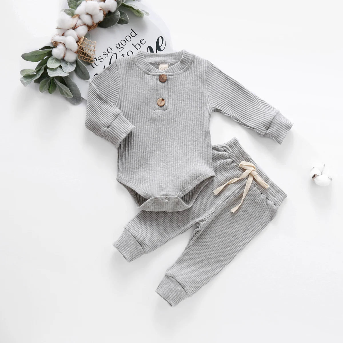 Infant Baby Knit Outfits Suits Buttons O-neck Ribbed solid clothes Long Sleeve Bodysuits Romper Top + Elastic Long Pant