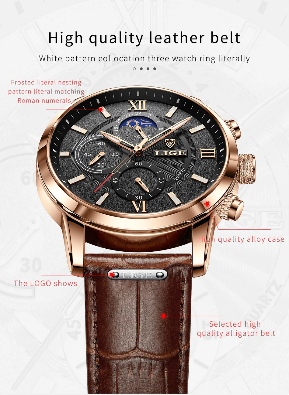 2025 New Mens Watches LIGE Top Brand Luxury Leather Casual Quartz Watch Men's Sport Waterproof Clock Watch Relogio Masculino+Box