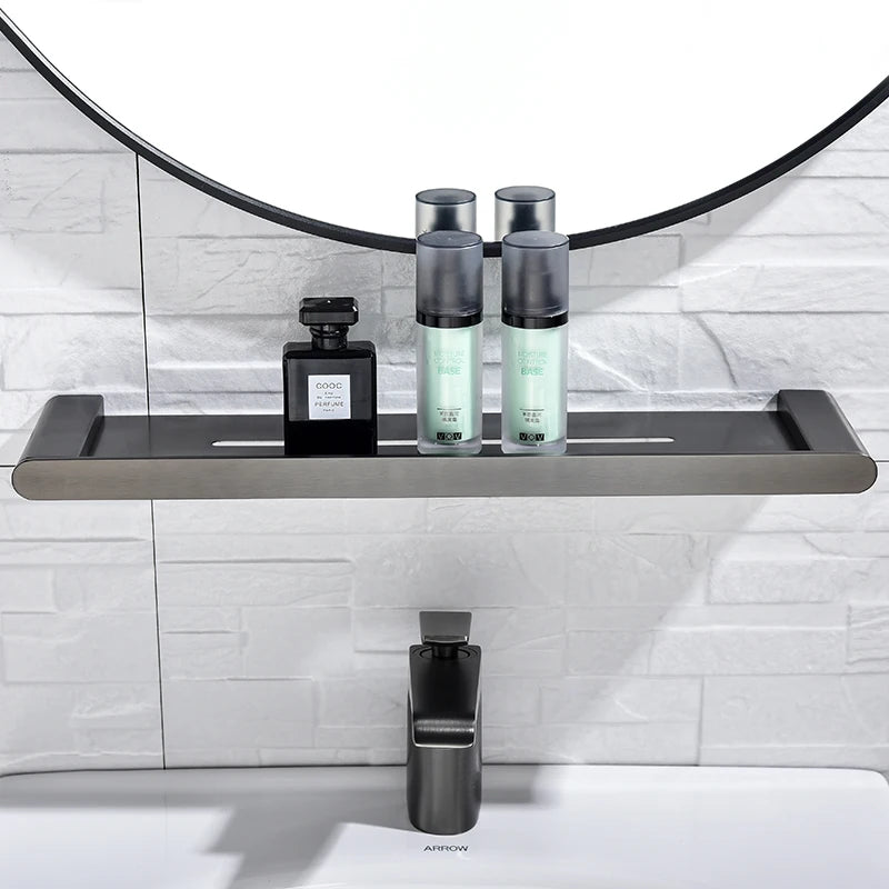 Bathroom Wall Shelf with Rectangle Tempered Glass Stainless Steel Wall Mount Glass Square Shelves Kitchen Organizer Rack Black