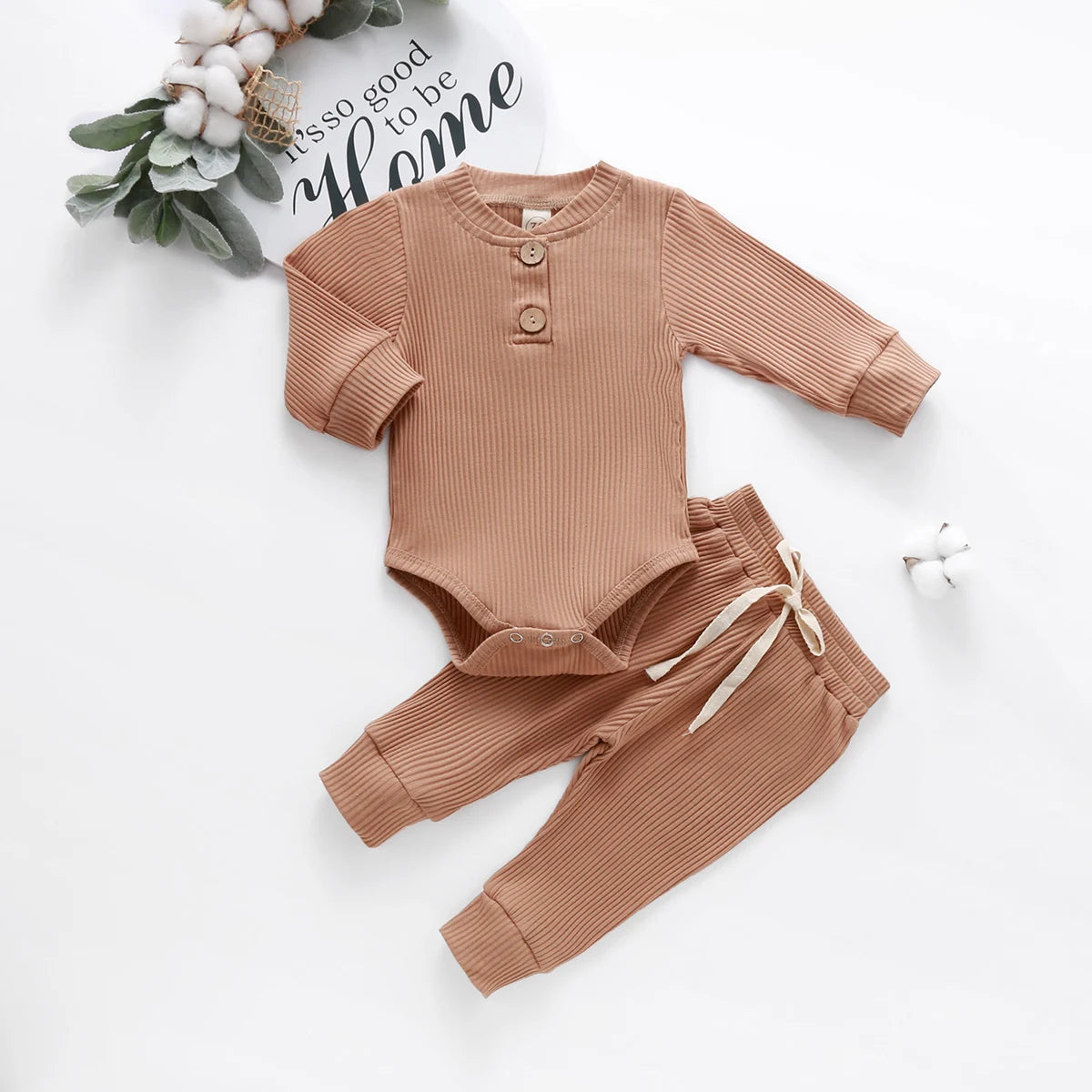 Infant Baby Knit Outfits Suits Buttons O-neck Ribbed solid clothes Long Sleeve Bodysuits Romper Top + Elastic Long Pant