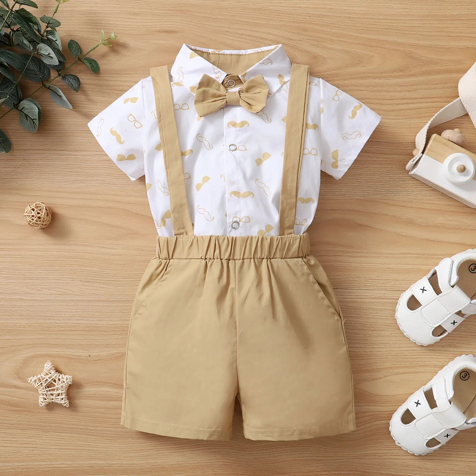 Baby Boys Clothes Set, Beard Print Short Sleeve Lapel Neck Shirt+Solid Color Suspender Shorts