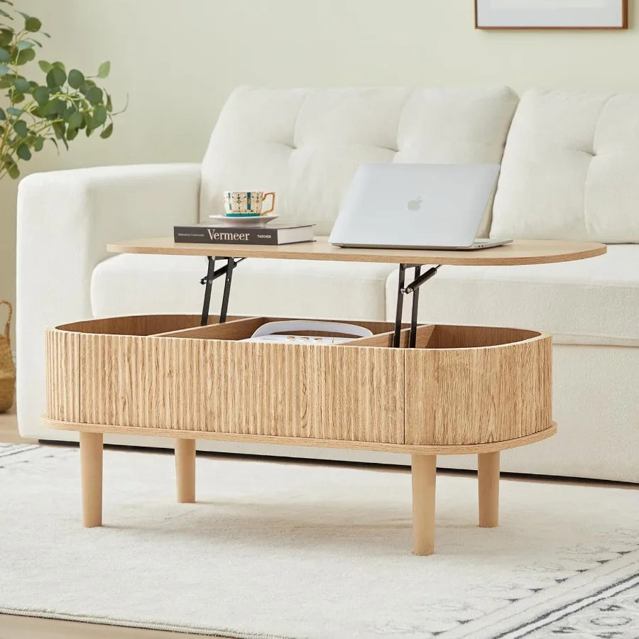 Fluted Lift Top Coffee Table with Hidden Compartment Fully Assembled Wooden Center Table Modern Oval Lift Tabletop for Home Liv