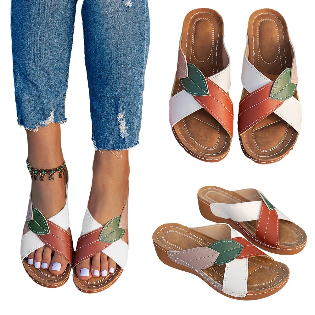 Women Summer Sandals Comfortable Ladies Wedge Sandals Breathable Wedge Slides Platform Cross Strap Slippers for Outdoor Travel