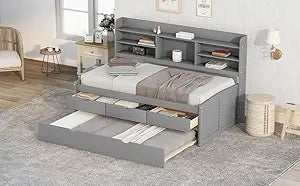 Twin Size Velvet Upholstered Daybed with Ergonomic Design Backrest and Trundle,Wood Platform Bed w/Stripe Shaped Headboard,for B