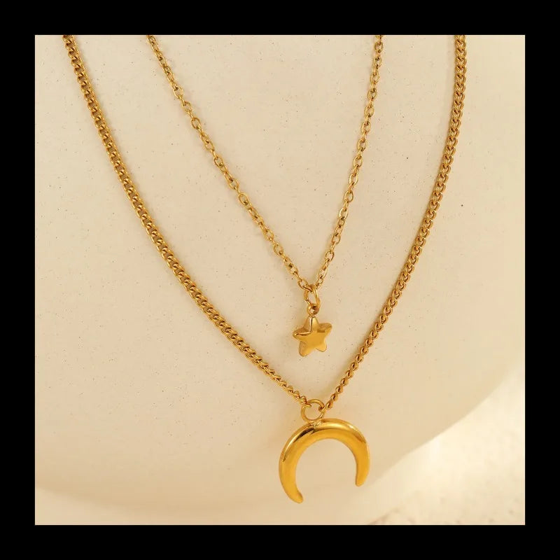 Personality Temperament Retro Style Necklace Stainless Steel Plated Real Gold Moon Star Titanium Steel Necklace
