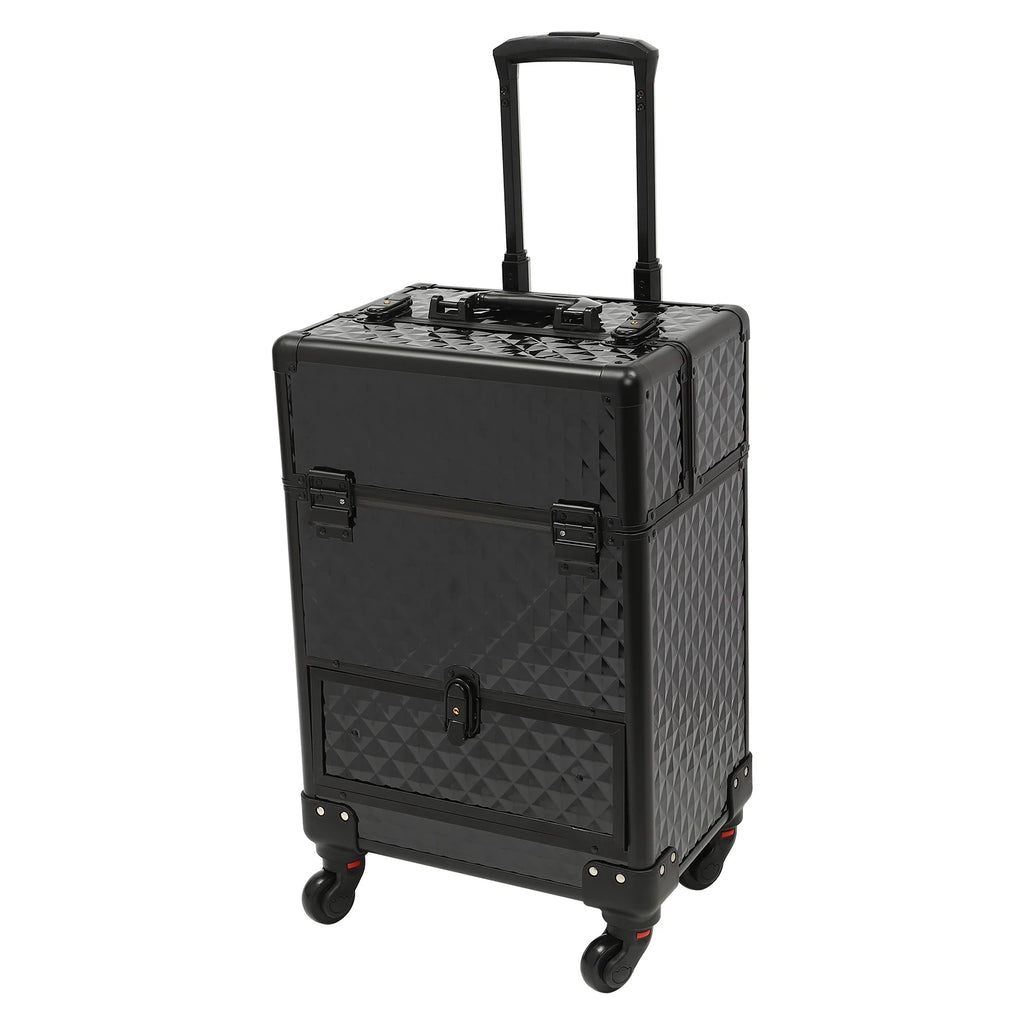 Rolling Makeup Train Case Aluminum Alloy and ABS Construction, 44 lbs Load Capacity, 7 Compartments and Drawer for Makeup