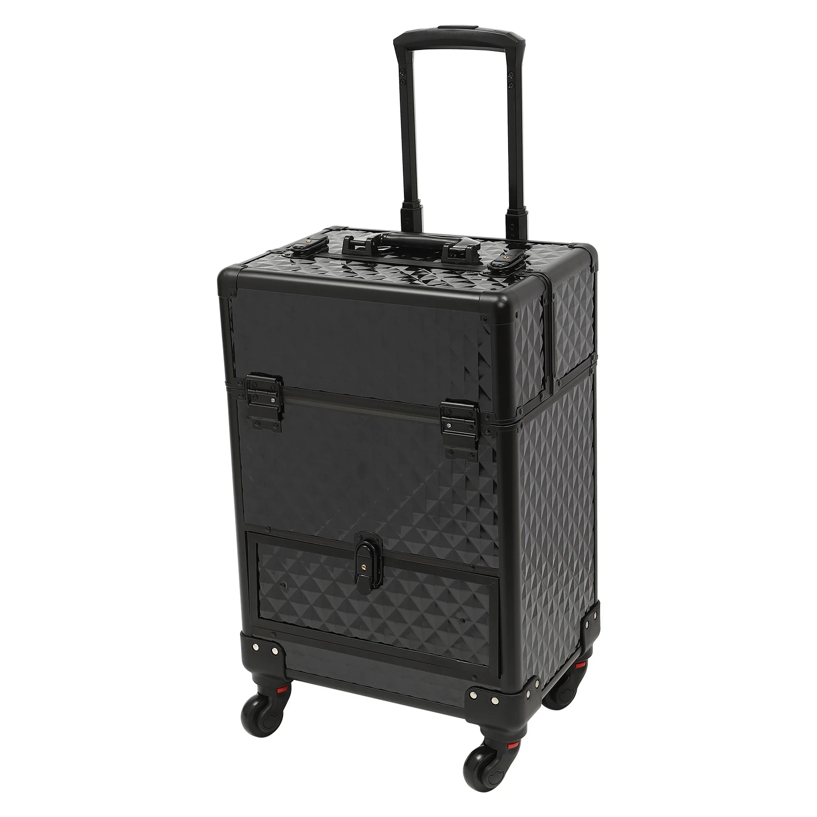 Rolling Makeup Train Case Aluminum Alloy and ABS Construction, 44 lbs Load Capacity, 7 Compartments and Drawer for Makeup