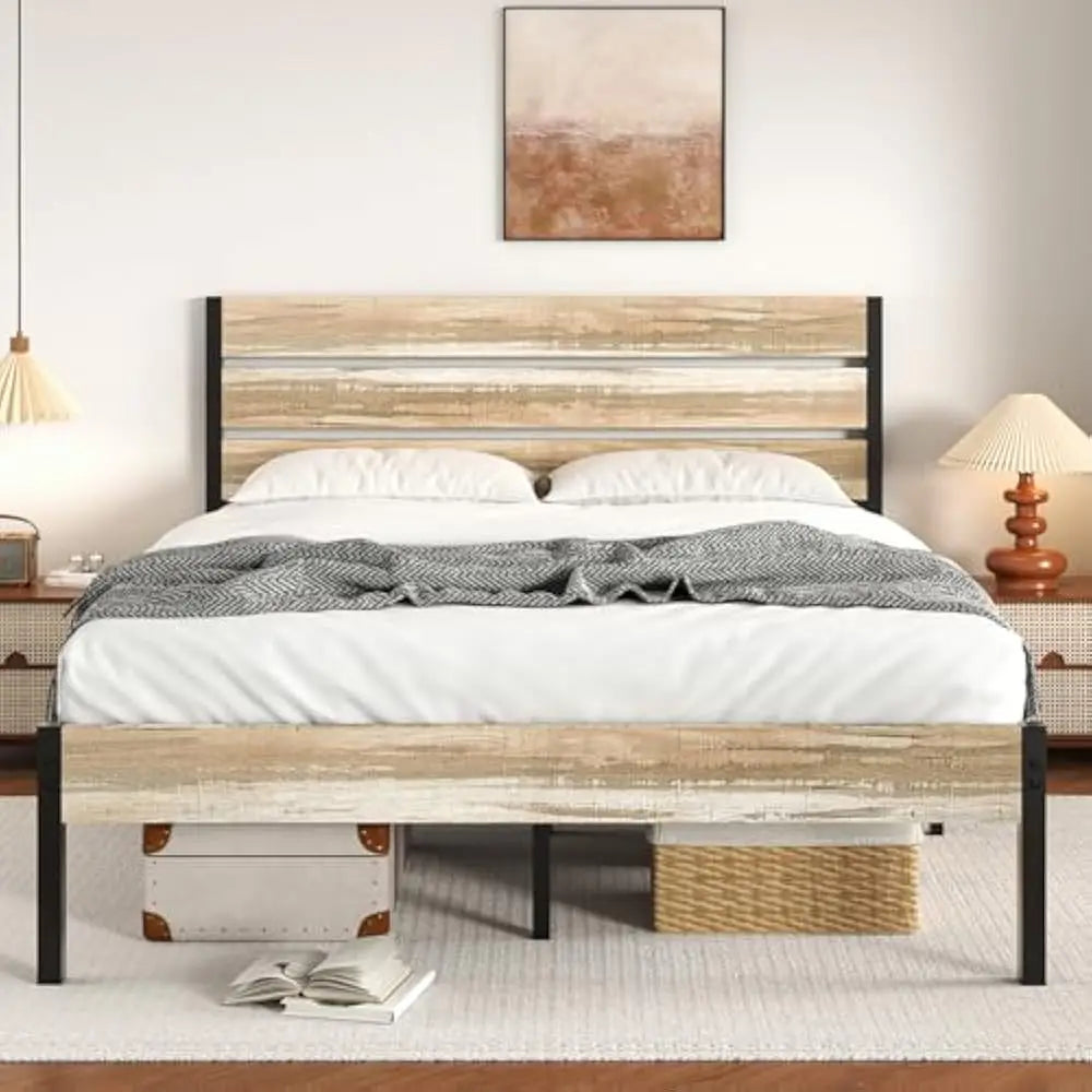 14 Inch Queen Size Bed Frame w/Wood Headboard and Foot board, Platform Mattress Foundation, No Box Spring Needed, Easy Assembly
