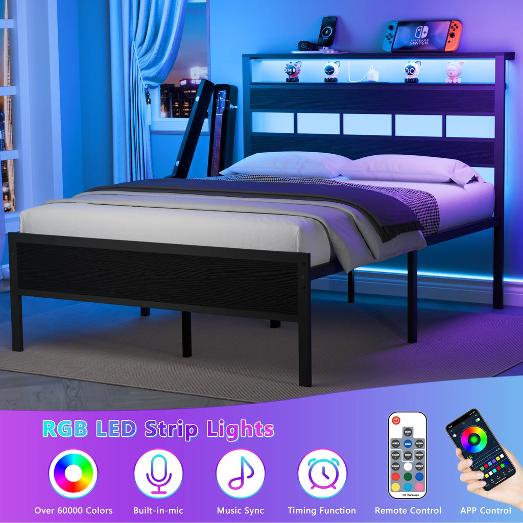 Satifur Full/Queen Size Bed Frame with LED Light and Charging Station, Wood Storage Headboard with 2-Tier Shelves,Metal Platform