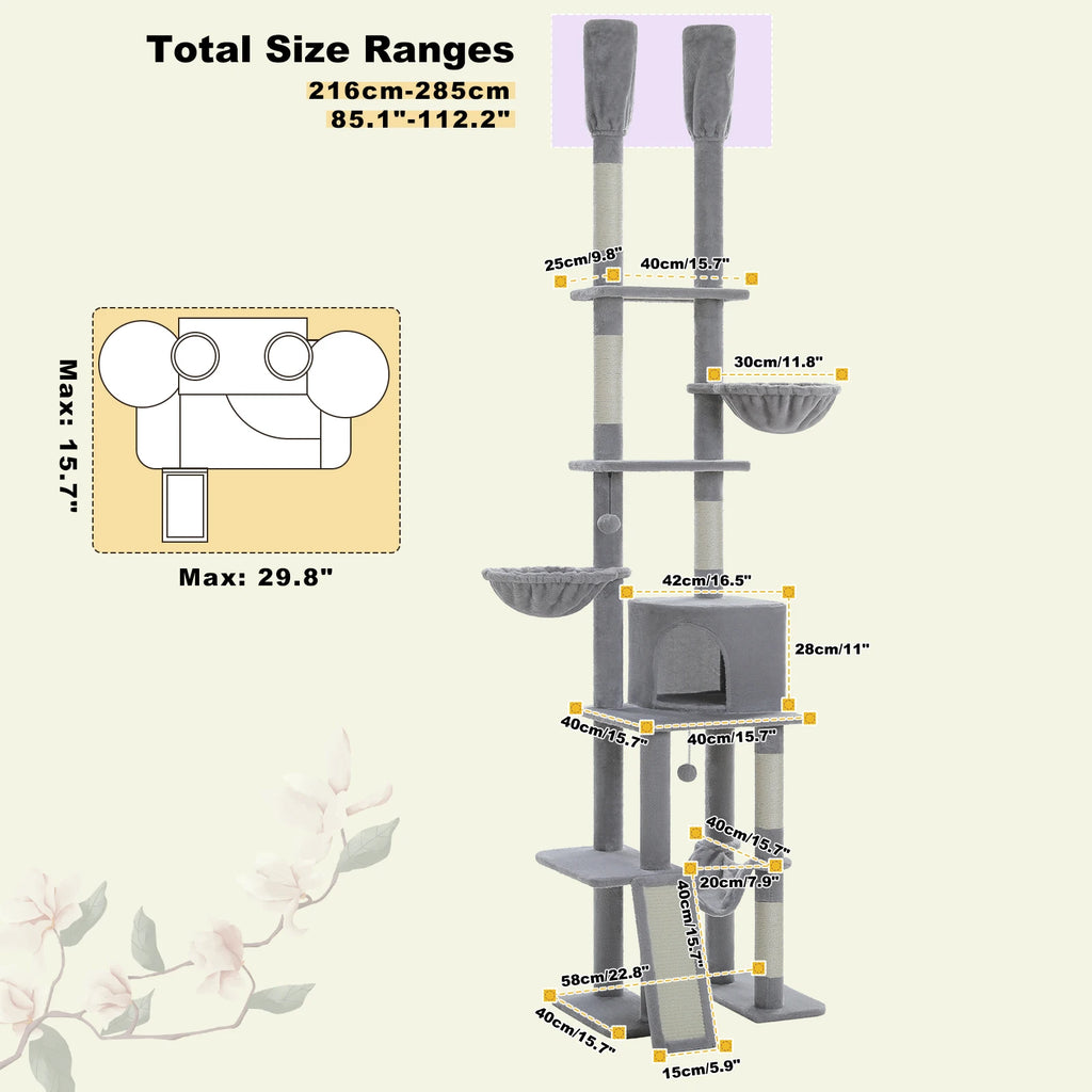 Tall Cat Tree with Adjustable Height Floor to Ceiling Cat Tower with Scratching Posts Soft Hammock Cat Condo for Indoor Cat Toys