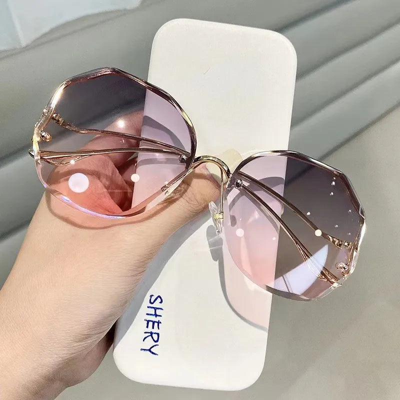 Irregular Round Sunglases Women Brand Designer Gradient Fashion Sun Glasses Female Rimless Metal Curved Temples Oculos De Sol