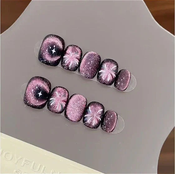 10pcs Short Square Head Fake Nails with Glue Flash Dreamy Red Cat Eye Rose Handmade Press on Nails Wearable Full Cover Nails Tip