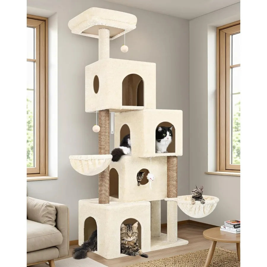 Large 70inch Tall Cat Tree Condo Tower with 4 Spacious Cat Condo Houses 3 Sisal Scratching Posts 2 Adjustable Hanging Baskets f
