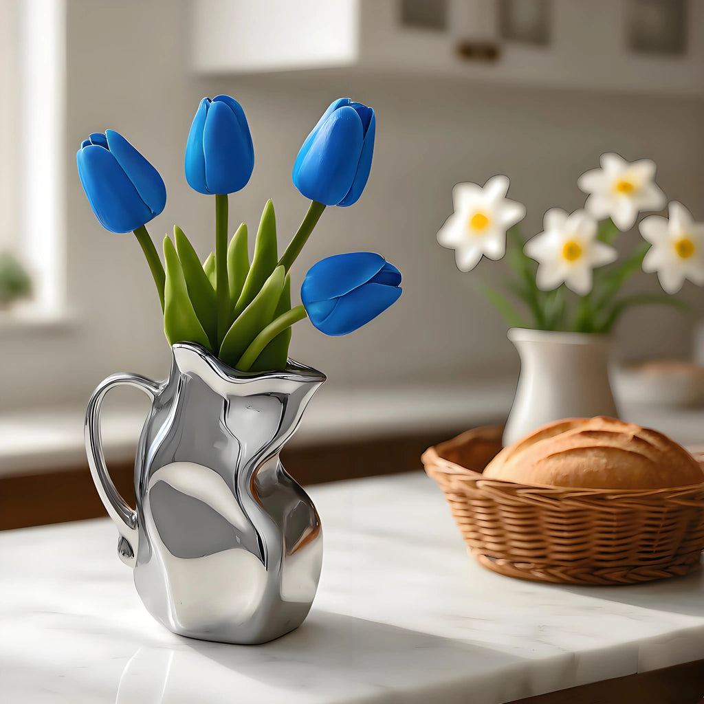 Crinkle Textured Ceramic Vase | Silver Finish Modern Elegance | Multi-Room Decor for Living Room Bathroom Desk