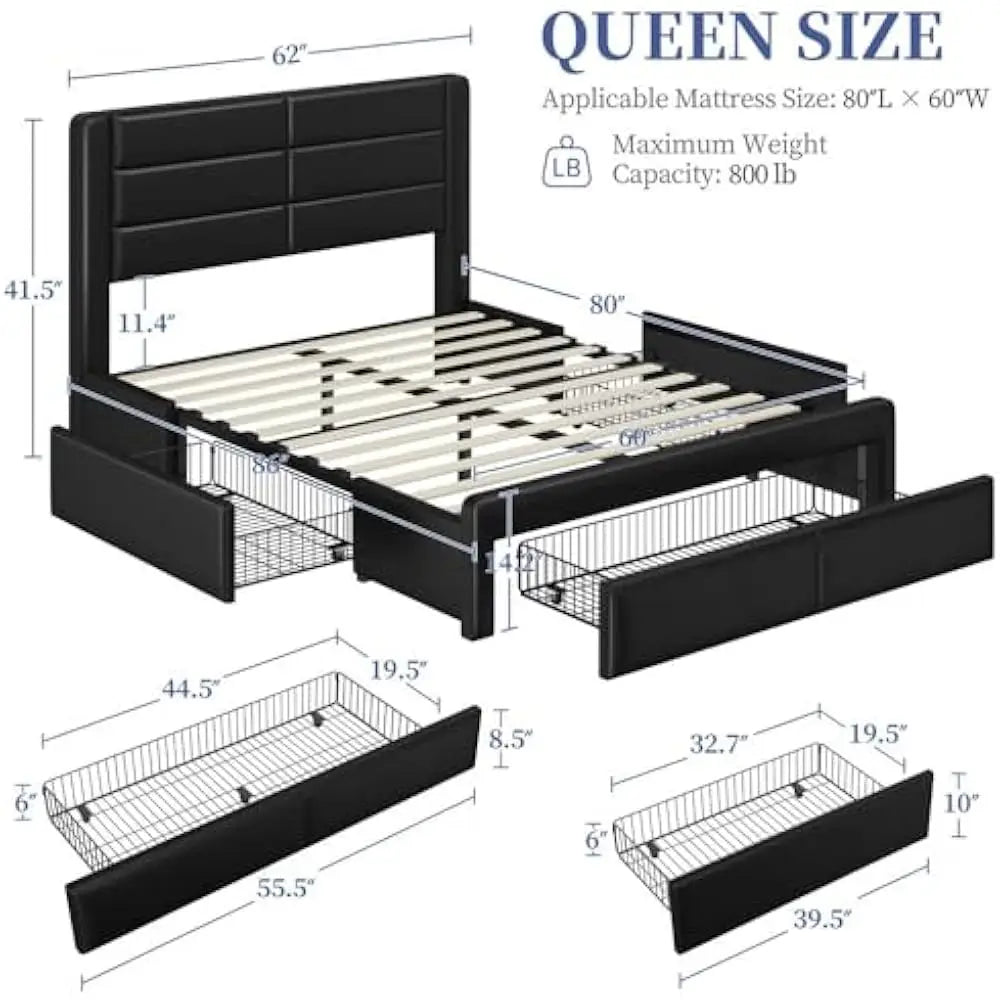Queen Size Bed Frame with 2 USB Charging Station/Port for Type A&Type C/3 Storage Drawers with Headboard/No Box Spring Needed