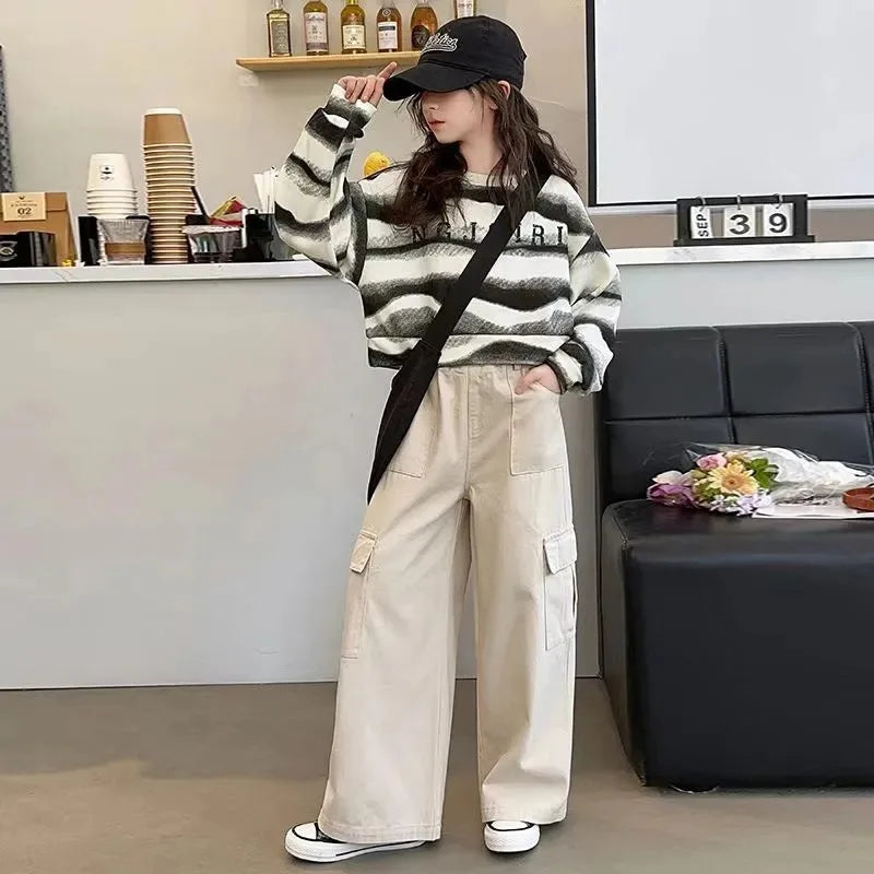 2025 autumn spring Girls clothes Sweatshirt Kids teens dress top Child striped letters hooded tracksuit 4 6 7 8 9 10 11 12 year