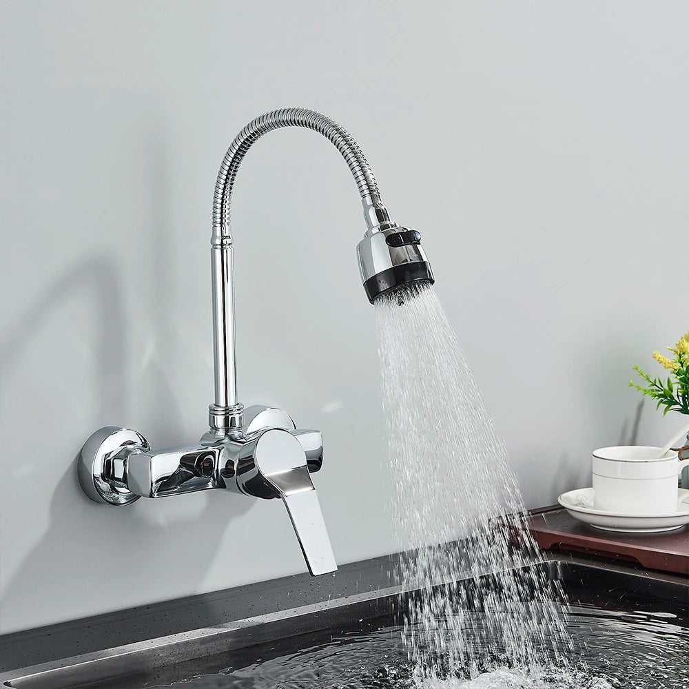 Black/Brushed Kitchen Faucet Wall Mount 2 Function Hot and Cold Water Sink Faucet 360 Degree Rotating Sprayer Faucet