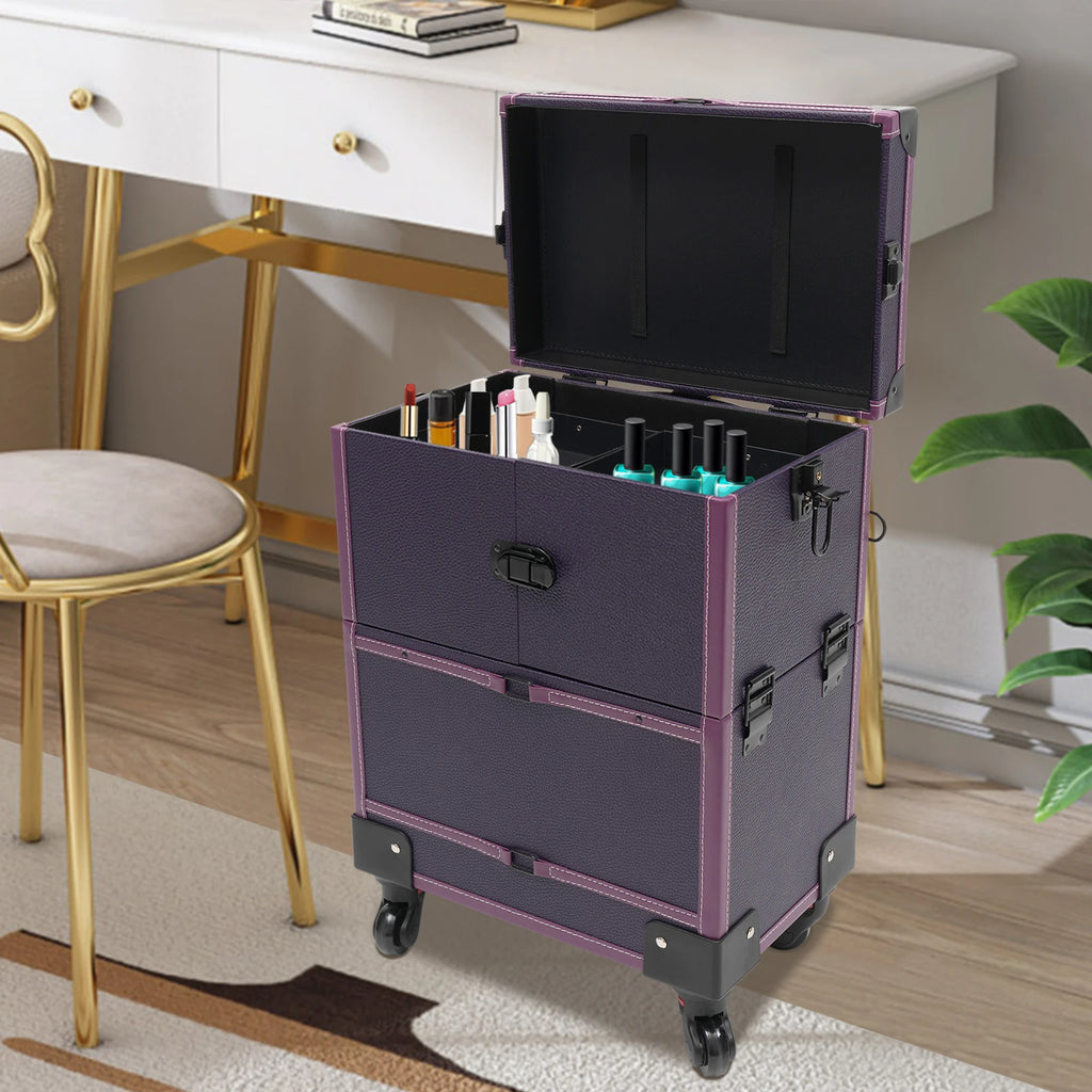 Stylish Purple Rolling Makeup Train Case - Professional Artist Trolley Organizer