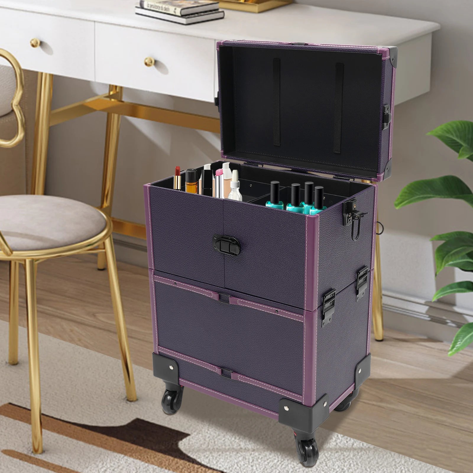 Stylish Purple Rolling Makeup Train Case - Professional Artist Trolley Organizer