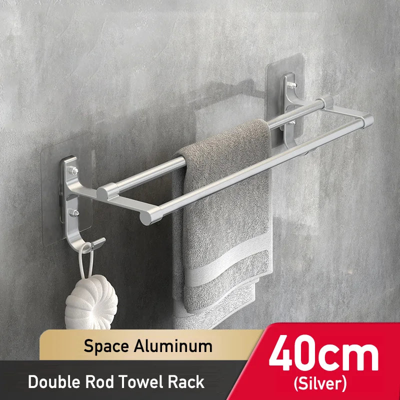 Bathroom Hand Towel Rack Towel Holder Wall Mount No Drill Mount 40/50cm Towel Bar Shelf Aluminum Double Rod 2 Tier Towel Rail