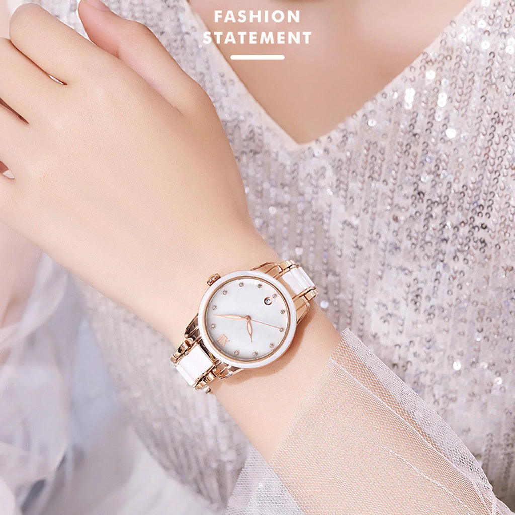 Women Quartz Watch Rhinestone Decoration Ceramic Stainless Steel Band Water Resistant Portable Wrist Watch with Date Rose Gold