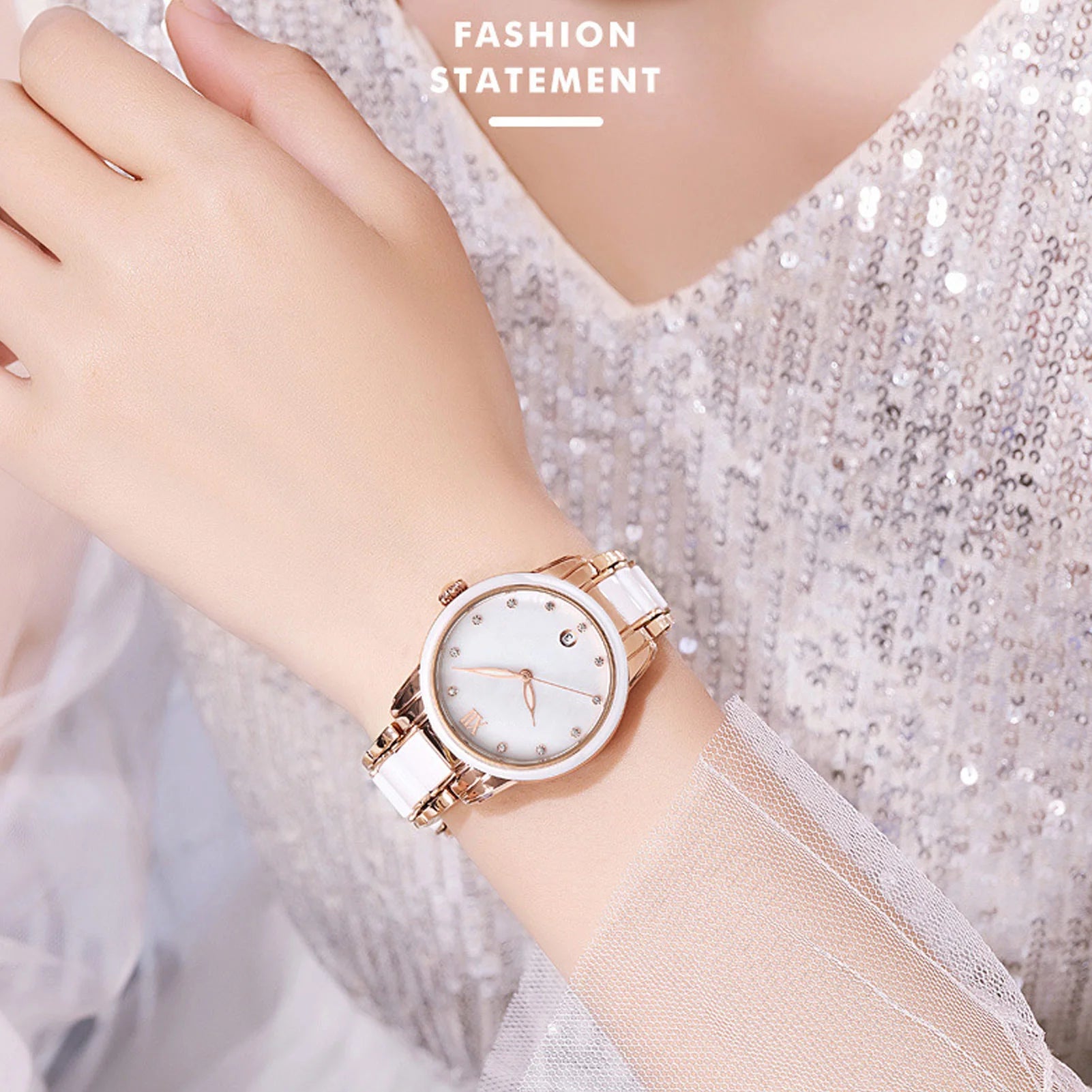 Women Quartz Watch Rhinestone Decoration Ceramic Stainless Steel Band Water Resistant Portable Wrist Watch with Date Rose Gold
