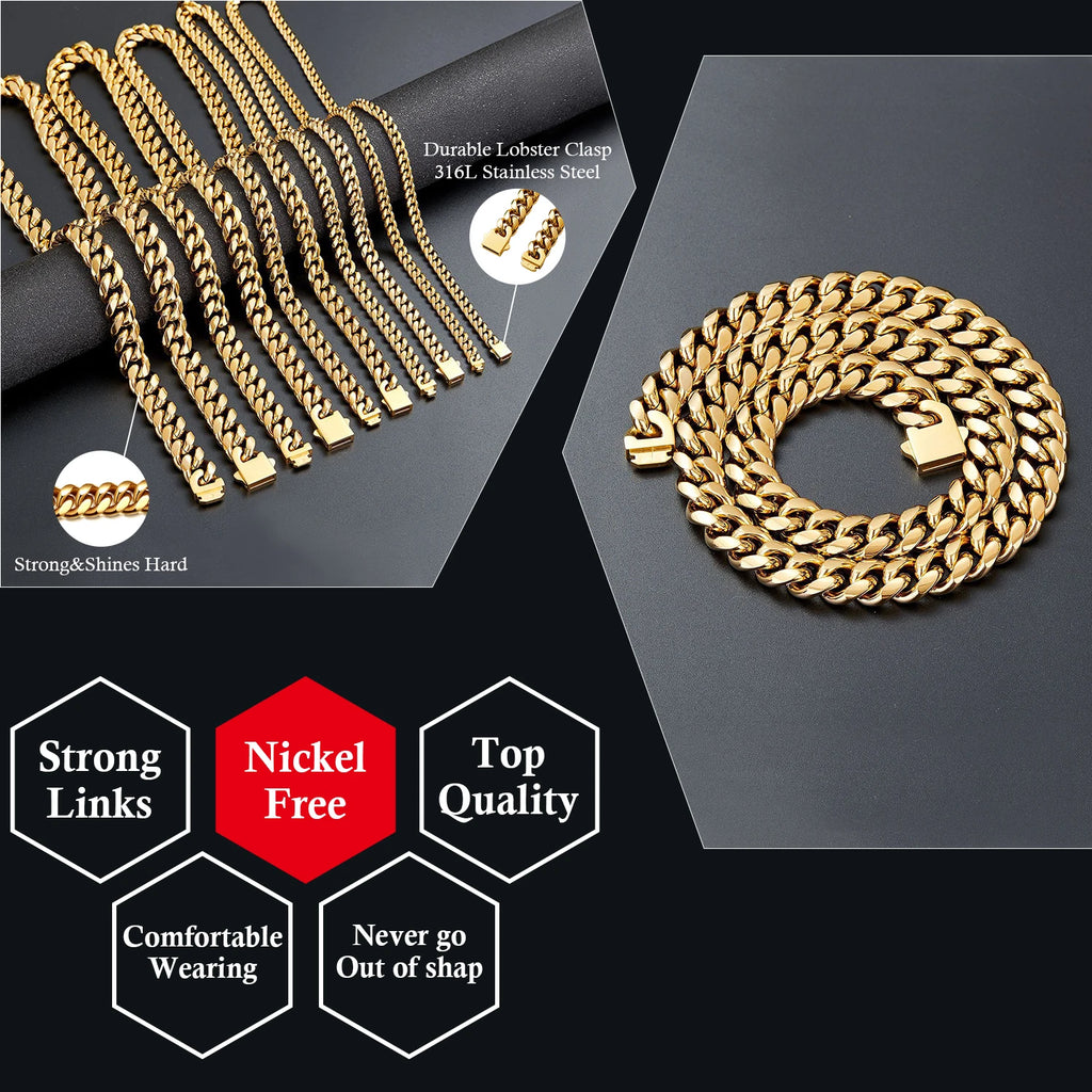 12/14mm Hip Hop Necklace 18K Gold Plated  316L Stainless Steel Cuban Link Chain Bracelet Jewelry For unisex Fashion Jewelry