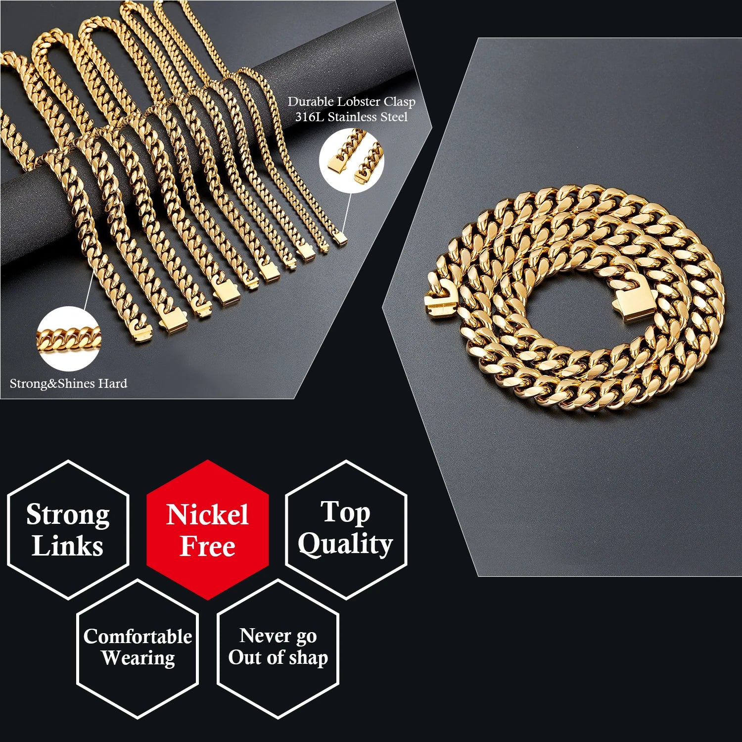 12/14mm Hip Hop Necklace 18K Gold Plated  316L Stainless Steel Cuban Link Chain Bracelet Jewelry For unisex Fashion Jewelry