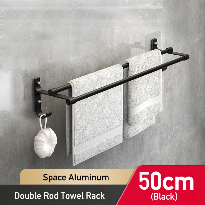 Bathroom Hand Towel Rack Towel Holder Wall Mount No Drill Mount 40/50cm Towel Bar Shelf Aluminum Double Rod 2 Tier Towel Rail
