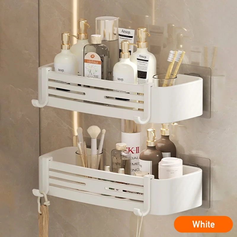 White Self-Adhesive Bathroom Shelf Storage Organizer Towel Holder Hook Wall Mounted Aluminium Corner Bathroom Shelves No Drill