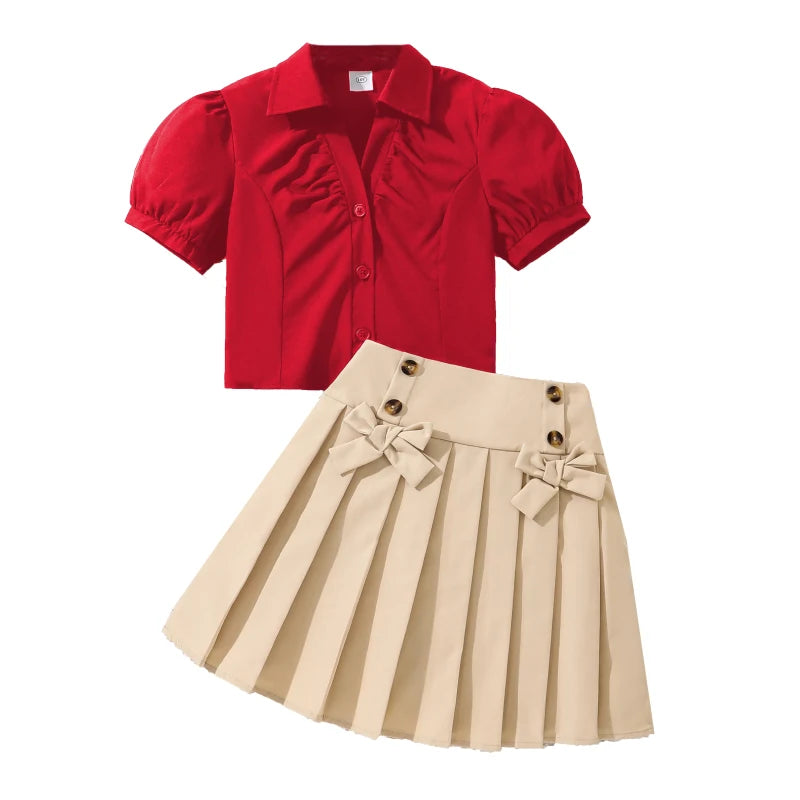 Kids Clothing Sets For Girls 8-12 Years Adorable V-neck Puff-sleeve T-shirt & Bow-knot Pleated Skirt 2 Pieces Set Summer Outfit