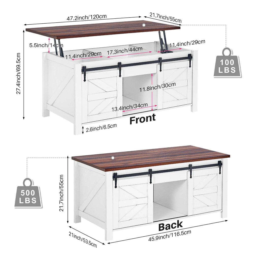 Redlife 47.2" Lift Top Coffee Table, Rustic Center Table w/ Hidden Storage Compartment  Sliding Barn Door for Living Room Office