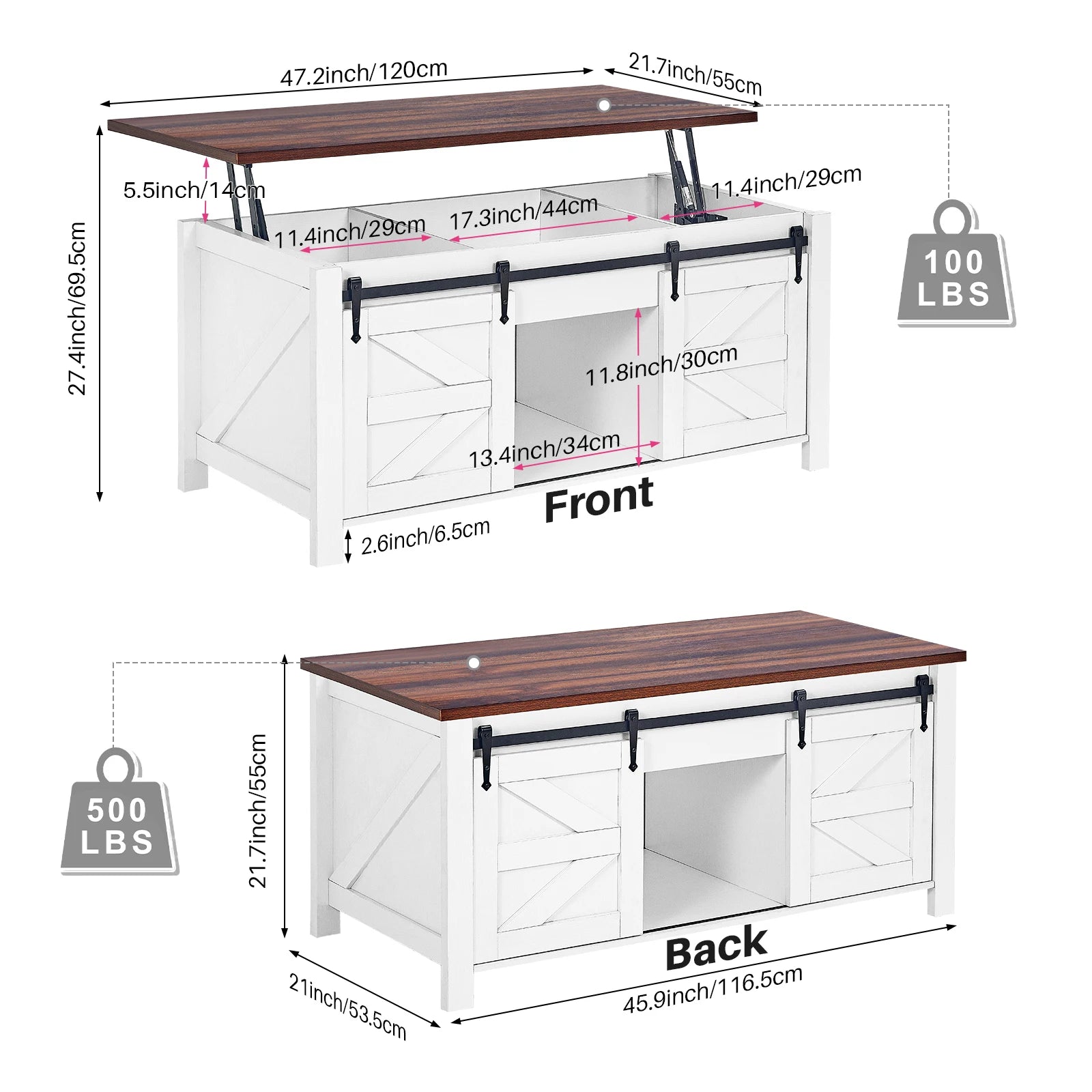 Redlife 47.2" Lift Top Coffee Table, Rustic Center Table w/ Hidden Storage Compartment  Sliding Barn Door for Living Room Office